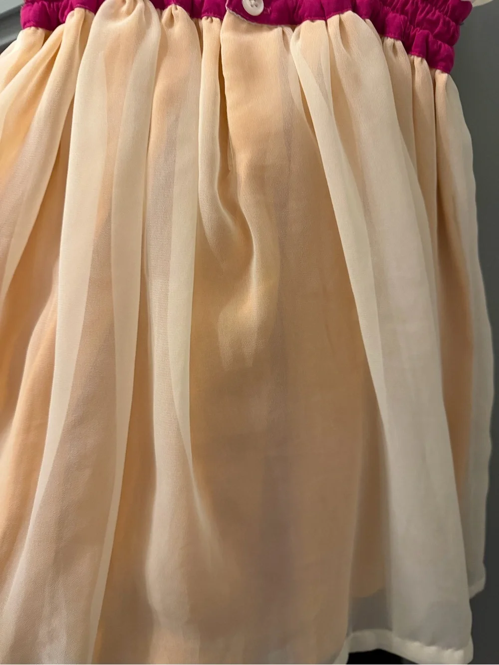 Well Dressed Wolf Cream Chiffon Dress with Pink Straps and Teal & Orange Ribbons